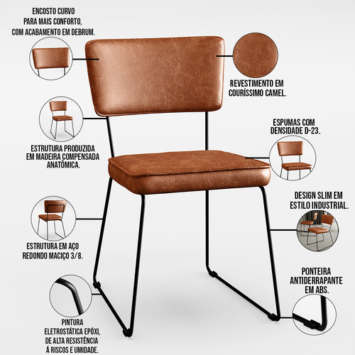 Cadeira Decorativa Estofada Para Sala De Jantar Base Em Aço Allana L02 Couríssimo Camel
