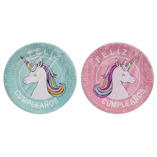 10 Platos Descartables Motivo: Unicornios 18cm