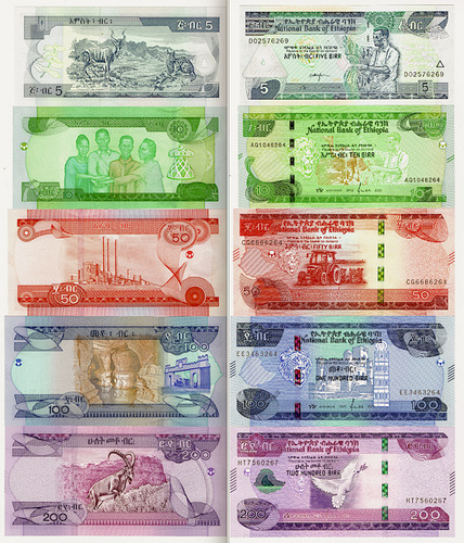 Set De 5 Billetes Diferentes De Etiopía 5, 10, 50, 100 Y 200