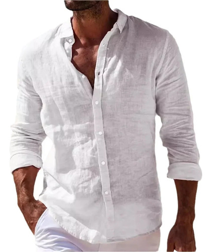 Camisa Casual De Algodón Y Lino De Manga Larga Con Botones P