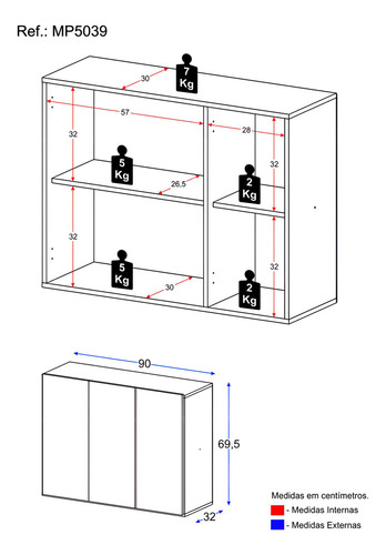 Multimóveis MP5039 Balcão Organizador Banheiro 3 Portas 90cm