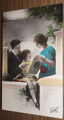 Antigua Postal Romantica Coloreada Matrimonio Con Niña Y Al (Usado)