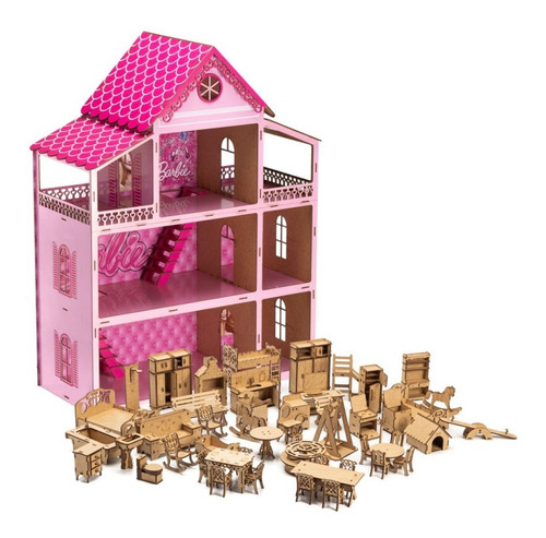 Casa de bonecas MDF Criativa MDF Criativa Casinha de bonecas Casinha de bonecas Rosa + 52 Móveis  821 cor rosa