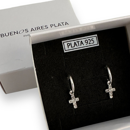 Aros Plata 925 Italiana Argollas Dije Cruz Cristales Pave 