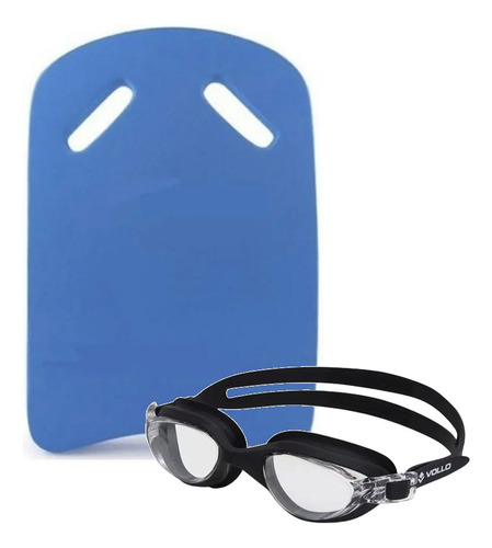 Kit De Natação Óculos Silicone Wide Preto E Prancha Eva Azul