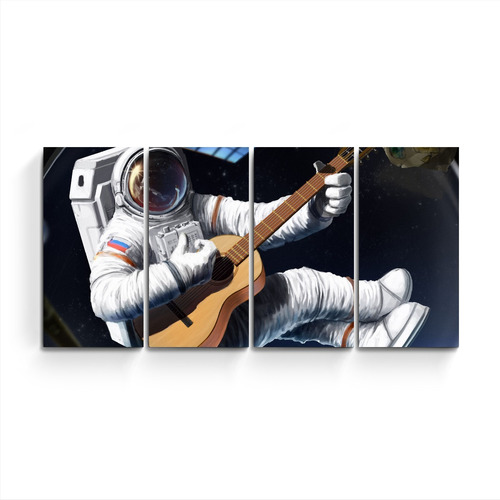 Cuadro Triptico Moderno Astronauta Espacio Guitarra Musica