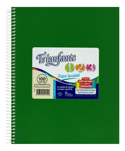 Cuaderno Espiralado 100 Hjs Triunfante T/dura Vinilico 21x27 Color Verde