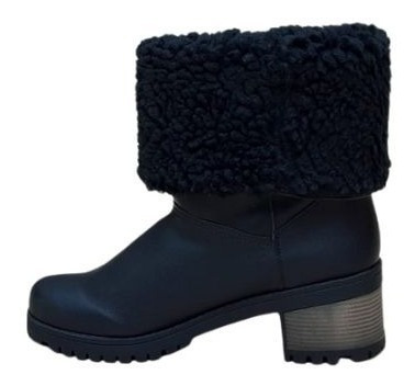 Imagem 2 de 6 de Bota Feminina Forrada Com Lã Preta Salto Médio Grosso Neve