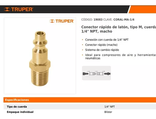 Conector rápido tipo m niquelado cuerda 1/4 npt macho Truper