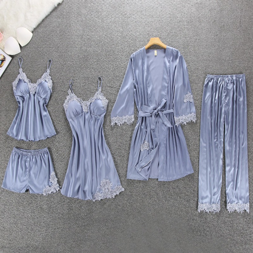 Set De Pijama Dama Sexi Ropa De Dormir Bata De Seda 5 Piezas
