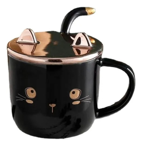 Taza Gatito Con Tapa Orejas Y Cuchara Dorado Gold