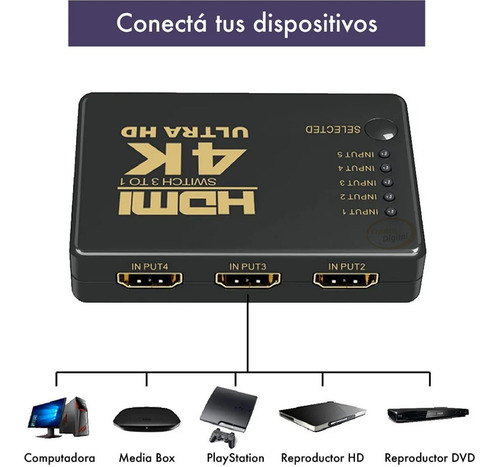Switch Hdmi 5 Puertos 1080p Ultra Hd 4k Control Remoto