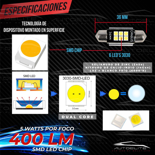 Imagen 8 de 10 de 1 Foco Led Luz Interior Placa Ft 36 Mm Canbus Super Potentes