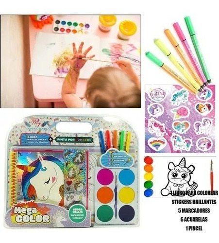 Kit Para Pintar Libro Marcadores Acuarelas Sticker Unicornio