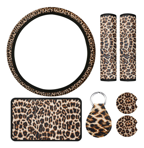 7 Piezas Leopard Print Car Accessories Set, Leopard Steering