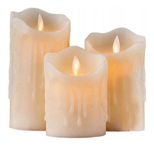 Set 3 Velas Velones Led Calido Efecto Fuego Movimiento Pilas