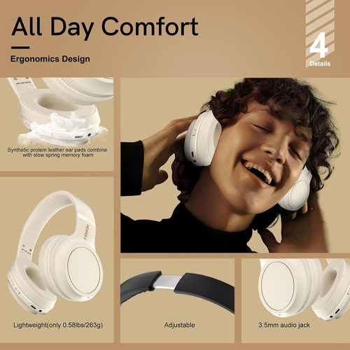 Moreka® Auriculares Inalámbricos Con Cancelación De Ruido Bluetooth Sobre La Oreja Con Sonido Estéreo De Alta Fidelidad De Graves Profundos Almohadillas Cómodas Para Escuela,hogar Y Viajes Blanco