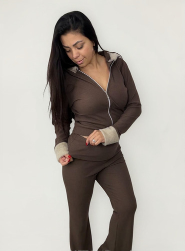 Conjunto Morley Frizado Campera + Pantalón Palazzo Peluche Marrón L