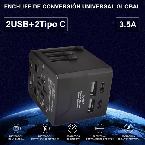 Adaptador De Viaje Universal Global Con Enchufe Tipo-c Y Usb