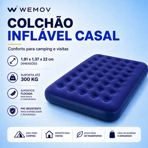 Colchão Inflável Casal grande Confortável e Aveludado para Acampamento com Bomba de Ar - Aguenta até 300kg - Wemov - R$ 101,56