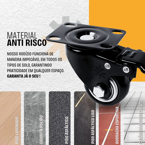 Kit 4 Rodinhas Para Moveis Giratória Reforçada Com Freio Rodas Líder Rodízios Cor Preto