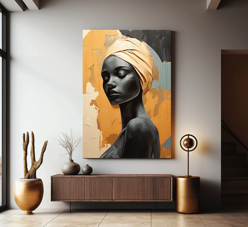Cuadro Canvas Decorativo Mujer Africana Turbante Dorado Hd Color Serenity