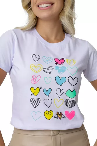 Blusa Camiseta T-shirt Baby Look Feminina Desenho Corações