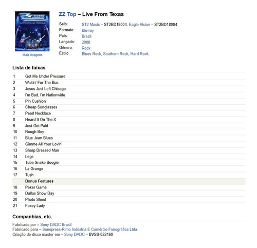 Zz Top - Live From Texas (blu-ray) - Eagle Vision 2008 Estandar (Usado)