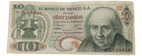 Billete Antiguo 10 Pesos 1977 Hidalgo Serie 1ew