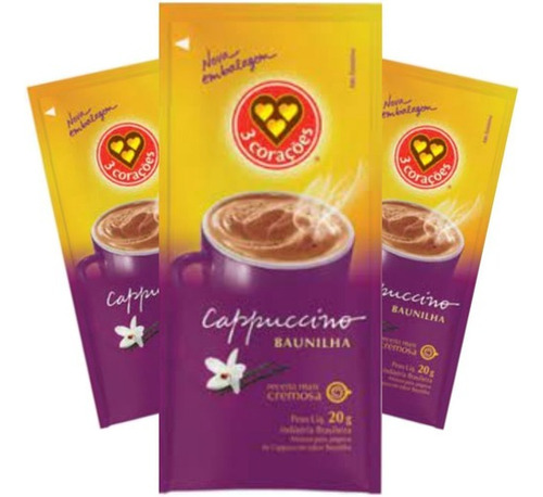 Kit 50 Sachês Cappuccino Baunilha Três 3 Corações Sachê 20g