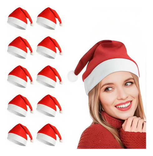 Kit 10 Gorros Touca Do Papai Noel Feltro Liso Natal Fantasia Cor Vermelho