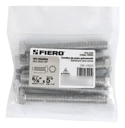 Tornillo Tipo Maquina 5/8 X 5´ Hexagonal Metal 6pz 44692
