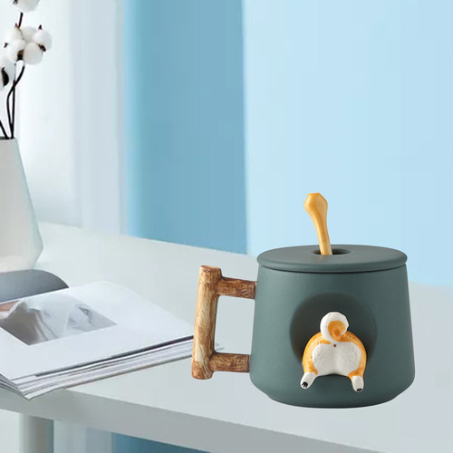 500ml Cute Cartoon Corgi Butt Taza De Cerámica Con Tapa