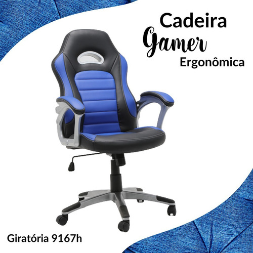 Cadeira Gamer Ergonômica Stuhl - Em Couro Sintético 9167h Cor Azul / Preta