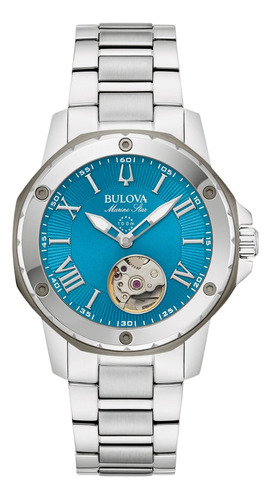 Reloj Bulova Marine Star Automático Para Dama 98l317 Correa Plateado Bisel Plateado Fondo Azul