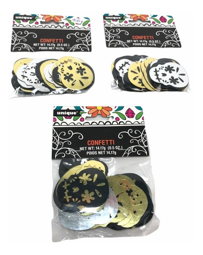 3 Confetti Metalico Calaveras Neg Oro Pla Fiesta Dia Muertos