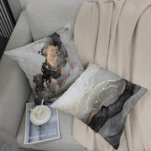 4 Fundas De Almohada Jaspeadas En Oro Negro Y Plata, 45 X 45
