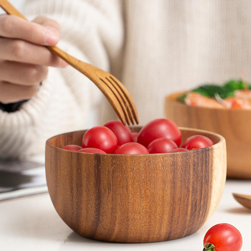6 Fityle Premium Round Natural Wooden Salad Bowl Utensils