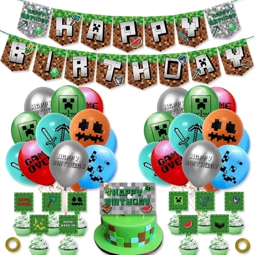 Pack Cumpleaños Minecraft 2 - Banderín/ 24 Globos/ Toppers