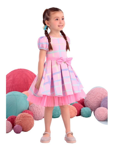 Imagem 2 de 3 de Vestido Infantil Rosa Merengue Xadrez Mon Sucré 22288 B.e.