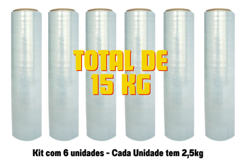 6 Bobinas Plástico Filme Transparente Stretch 2,5kg 500x0,25