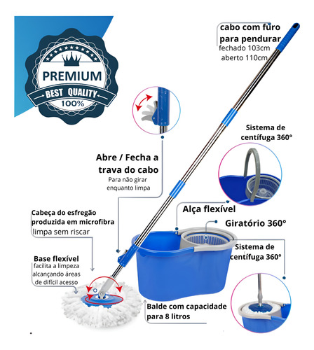 Mop Limpeza Esfregão Giratório + Vassoura Rodo Box Multiuso