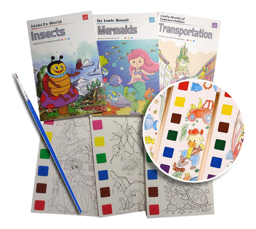 Set X12 Libros Con Acuarelas Y Pincel Arte Niños Escuela