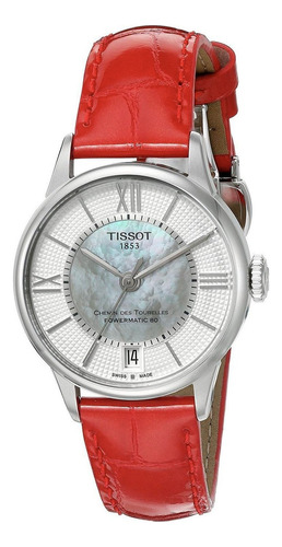 Reloj Tissot Chemin Des Tourelles Automatico Boleta Correa Rojo Bisel Plateado Fondo Mother Of Pearl