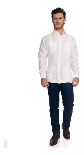 Abito Guayabera De Lino Manga Larga Color Blanco Puño Mancuernillas 100% Lino, Camisa Guayabera Yucateca De Lino