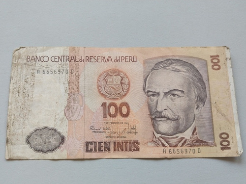 Cédula Nota 100 Intis Perú Antiga Unidade Monetária 