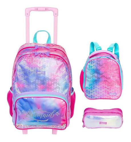 Kit Mochila Escolar Sereia Mermaid Infantil Rodinhas Tam G