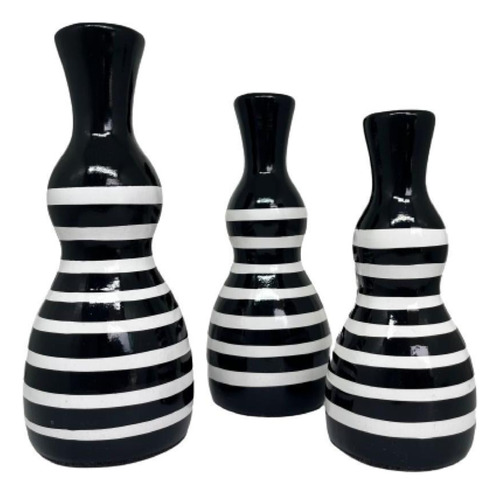 Trio Decorativo Vaso Garrafa Preto E Branco Detalhe Listra Cor Branco/preto Listrado