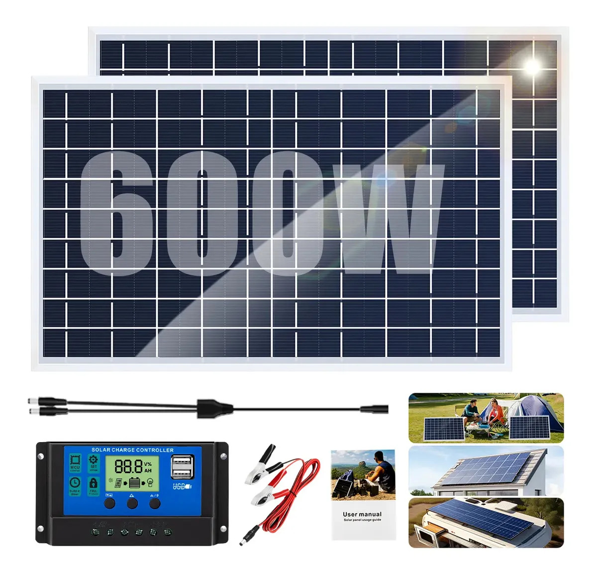 2 Kit De Panel Solares Modulo 600W Con 10-50A Controlador,Suzwip IP65 Celda Panel Solares Con Puertos USB/DC, Para Exteriores, Vehículos, Embarcaciones, Dispositivos Electrónicos..