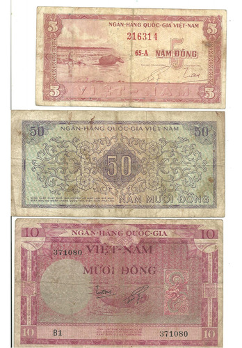 Vietnam Del Sur: 3 Billetes 1955/1964/1966